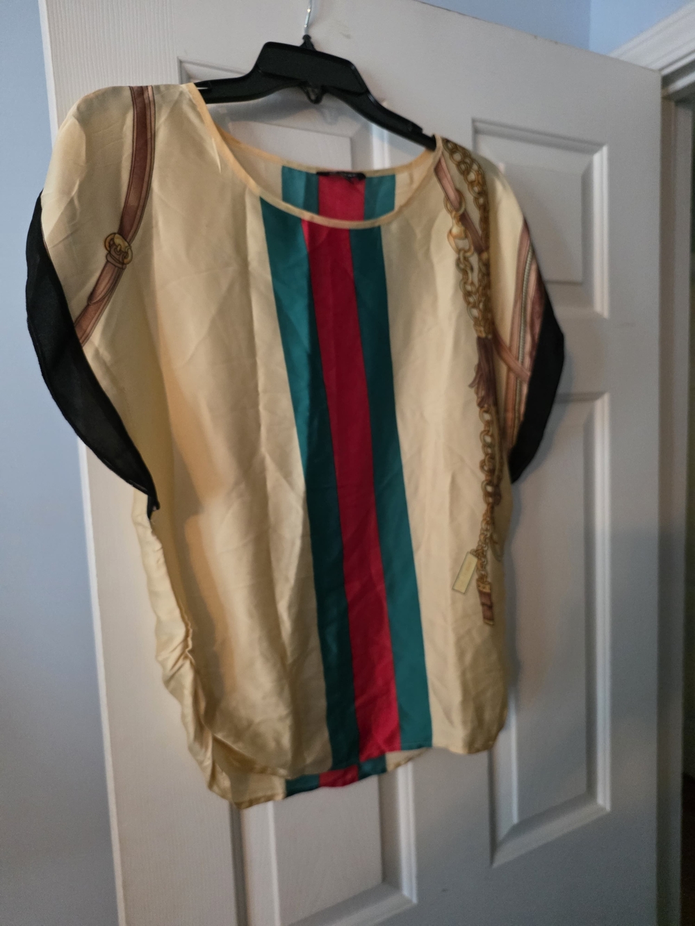 Women's Cream Striped Satin Blouse with Teal and Red Accents